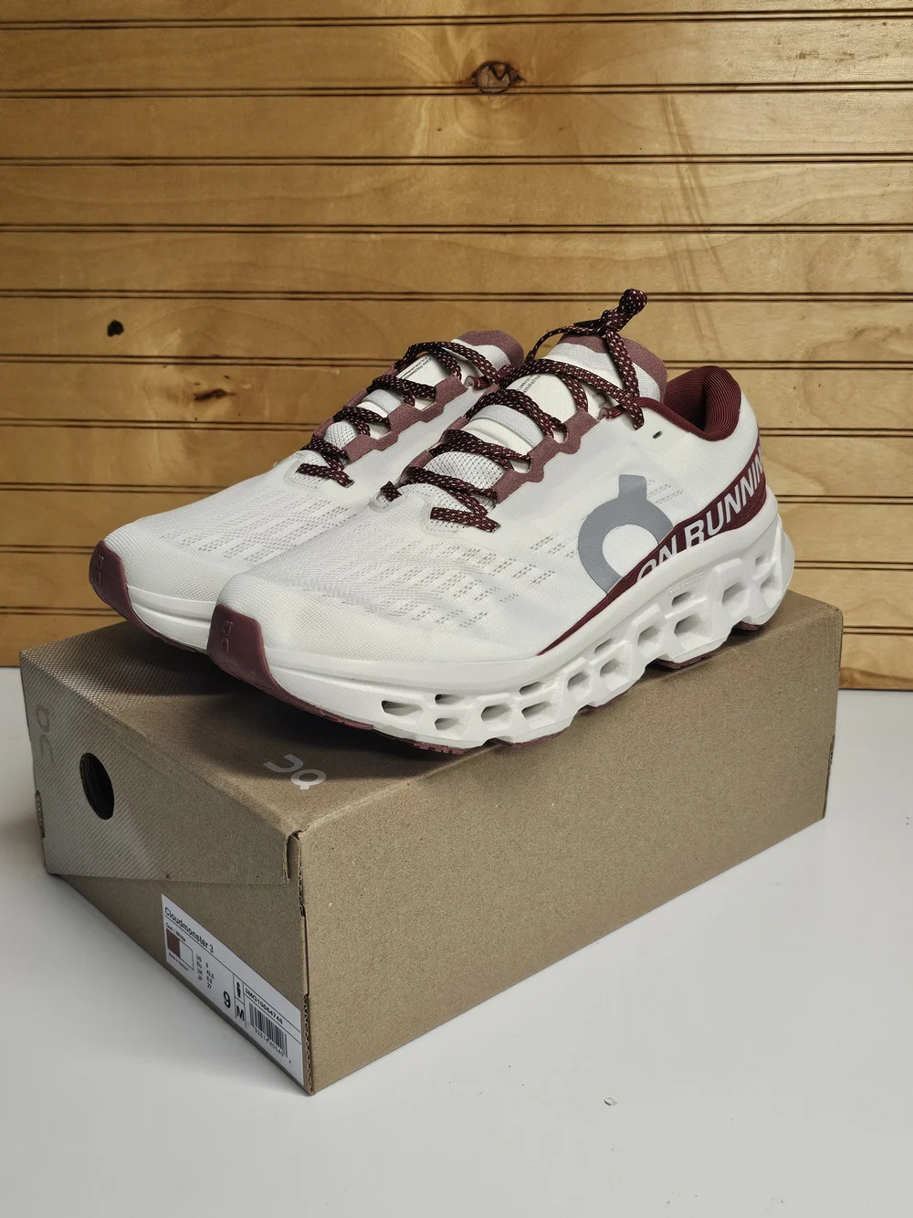 On Running Men's Cloudmonster 3 White / Maroon Running Shoes New
